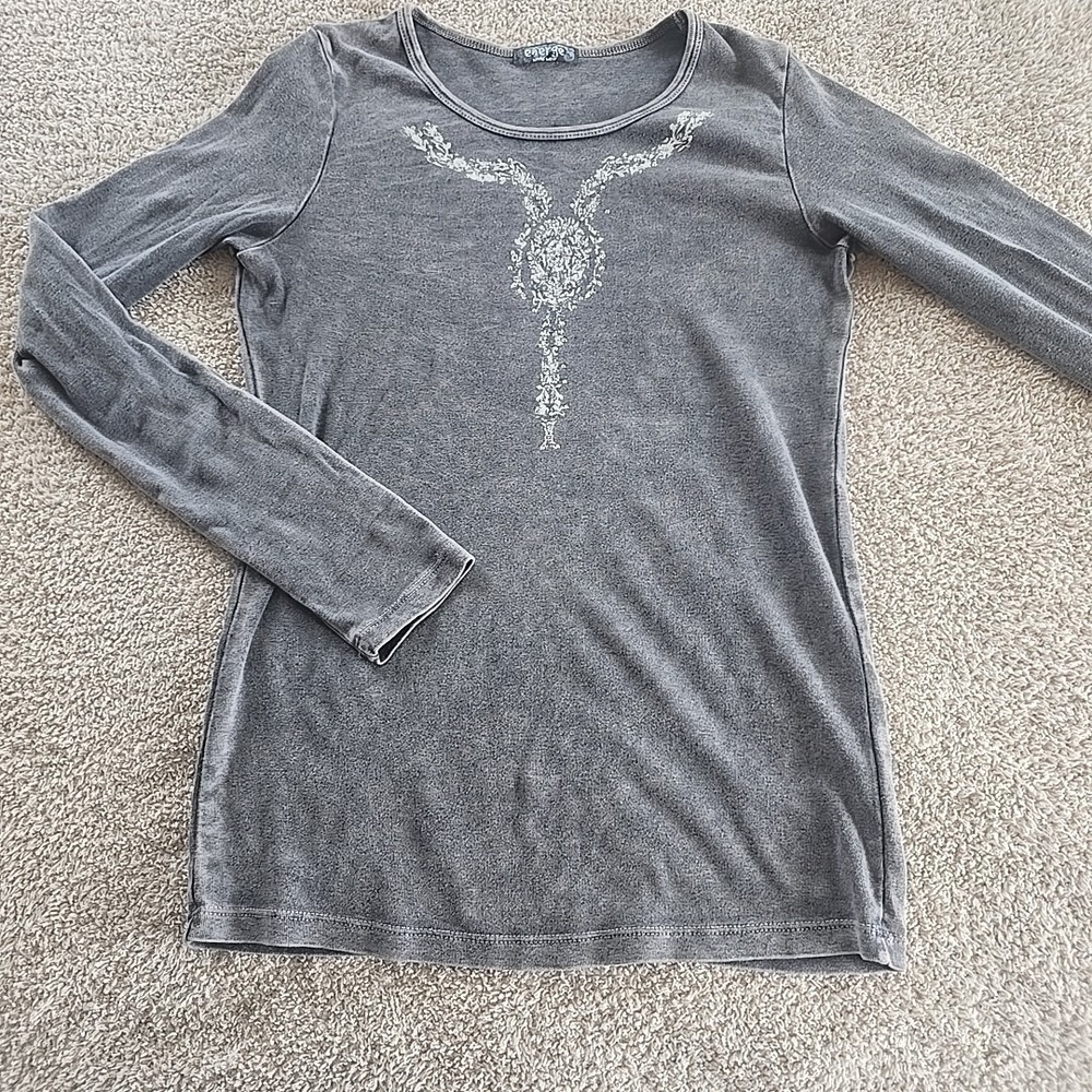 Energe World Wear Juniors Size‎ XL Long Sleeve Gray Acid Wash Jeweled Top Y2K